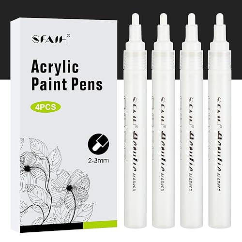 SFAIH White Paint Markers Paint Pens - 4 Pack 2-3MM Medium Tip Acrylic Markers for Rock Painting, Wood, Metal, Fabric, Plastic, Canvas, Glass, Ceramic, Diy Crafts, Drawing, Tire - White - 1 Count (Pack of 4)