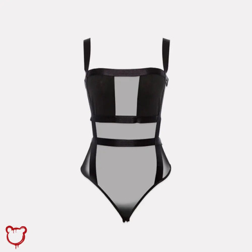 Black Mesh Panel Bodysuit - Black / L