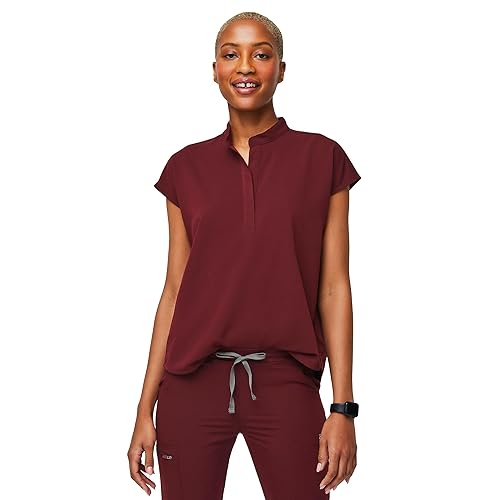 FIGS Rafaela Oversized Scrub Tops for Women — Mandarin Collar, Shirttail Hem, 3 Pockets, 4-Way Stretch Women’s Scrub Top - X-Small Burgundy