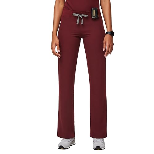 FIGS Livingston Basic Scrub Pants for Women — Yoga Waistband, 2 Pockets, Classic Straight Leg Fit Women Scrub Pants - Regular - Small - Burgundy