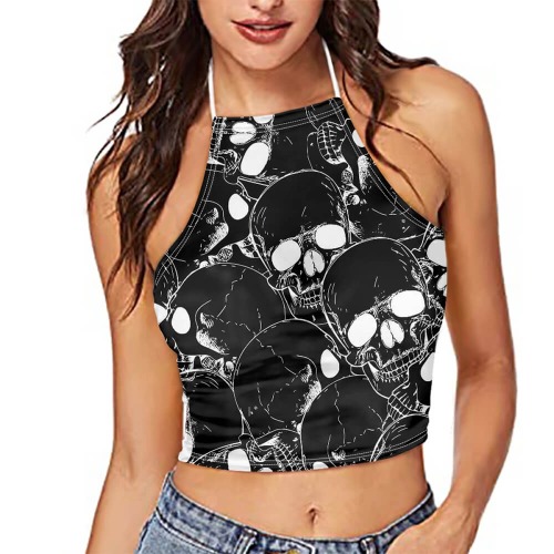 Skull Print Backless Halter Crop Top - Black / 4XL (Bust 104 cm)