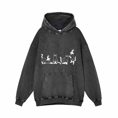 Spooky Ghost Cat Vintage Washed Hoodie - Black / 4XL (Bust 140 cm)