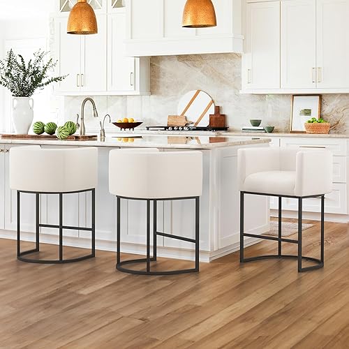 LUE BONA 27" H Counter Height Bar Stools Set of 3, Modern Barrel Counter Stools with Backrest and Arms, Black Metal Frames, Linen Fabric Upholstered Accent Barstools for Kitchen Island, Beige - Beige - 3