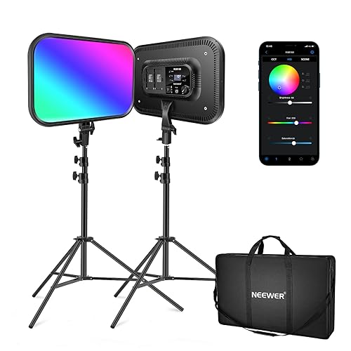 NEEWER 18.3" RGB LED Video Panel Light with App Control, 2 Pack Stand Kit, 360° Full Color/2500K~8500K/CRI97+/17 Scene Effects, 60W RGB168 Studio Lights for YouTube/Game Live Streaming/Photography - RGB168