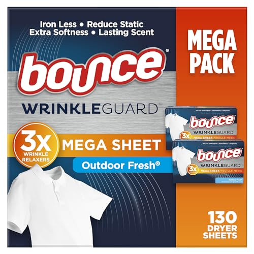 Bounce WrinkleGuard Mega Fabric Softener Dryer Sheets, Wrinkle Release with Outdoor Fresh Scent, 130 ct - 130 Count (Pack of 1)