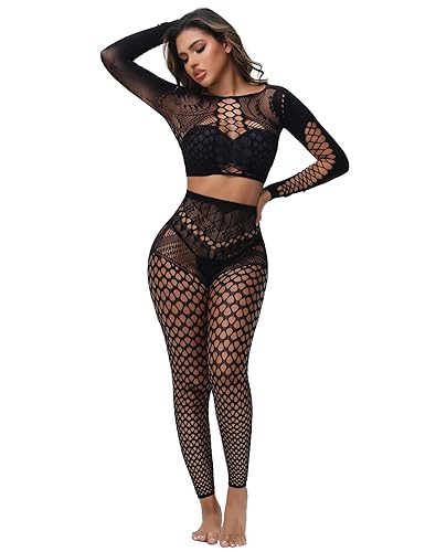 FasDivine Womens Sexy Fishnet Lingerie Sets Footless Fishnet Stockings Hollow Out Long Sleeve 2 Piece Mesh Bodysuits Black