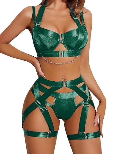 Avidlove Lingerie Set for Women Sexy Strappy Lingerie Underwire Push Up Bra Garter Set Lingerie with Chain - XX-Large - Green