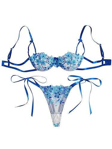 Lilosy Sexy Tie Side Cute Underwire Push Up Strappy Embroidered Mesh Sheer Lingerie Set - X-Large - Flower Blue