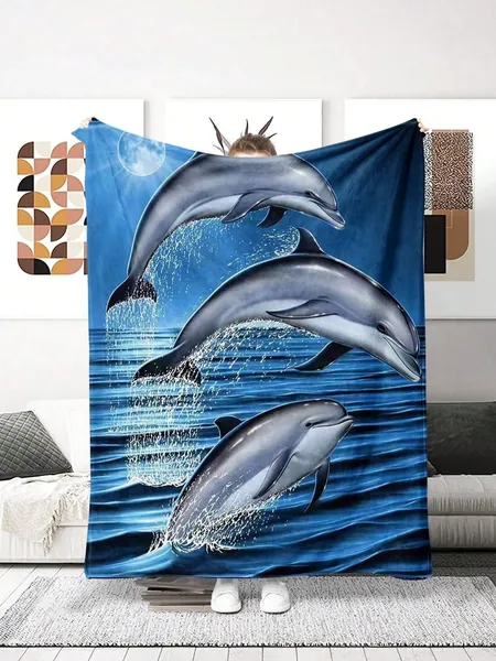 1 stuk Superzacht Flaneldeken Met Gepersonaliseerde Dolfijn Digitale print , Geschikt Voor bed , Sofa , Geschenk , Meerdere Maat Beschikbaar