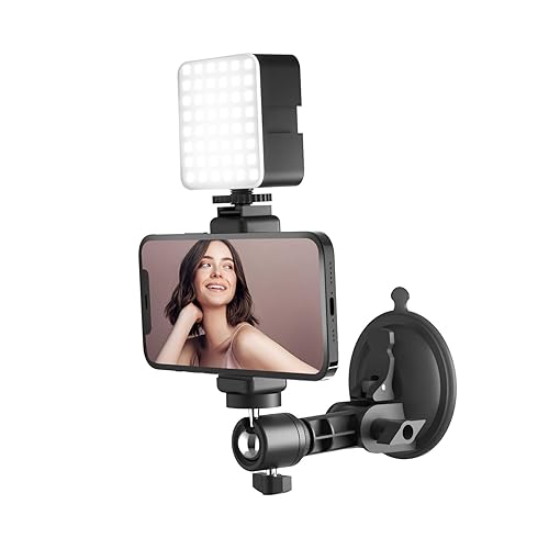 LenTok Suction Cup Mirror Phone Holder with Light, Travel Wall Phone Camera Mount for Makeup Content Creator Essentials, Mirror Tripod for Bathroom Kitchen Compatile with All Smooth Surface - Black