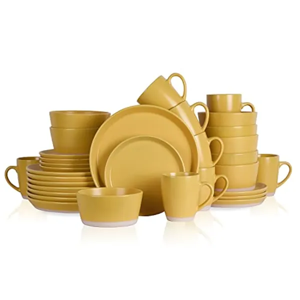 Stone Lain Jules Modern Stoneware 32-Piece Round Dinnerware Set, Plates and Bowls Sets, Dish Set for 8, Yellow