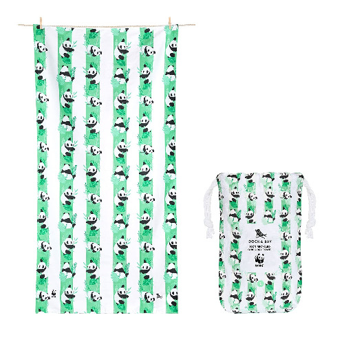 Dock & Bay Beach Towel - for Travel, Swimming, Camping, Holiday - Super Absorbent, Quick Dry, Sand Free - Compact, Lightweight - 100% Recycled Materials - Includes Bag - Wwf - Panda Party Extra Large (200x90cm, 78x35")