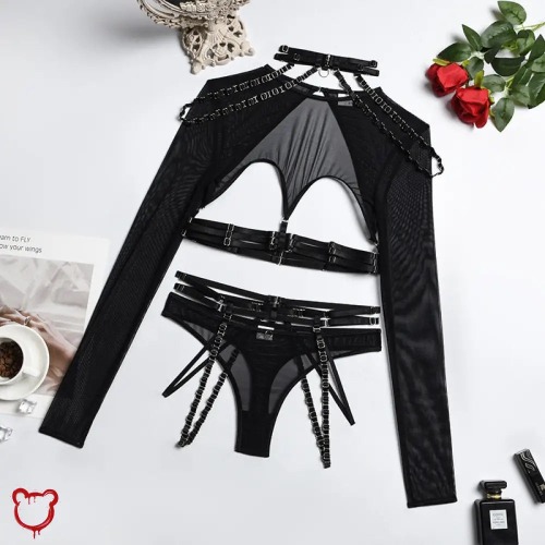 Ideal Noir Mesh Lingerie Ensemble - Black / S