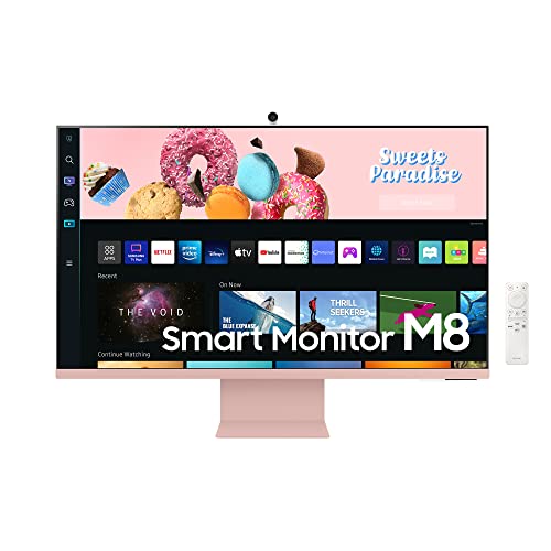 Samsung M8 Smart Monitor S32BM80PUU, 32 Zoll, VA-Panel, Bildschirm mit Lautsprechern, 4K UHD-Auflösung, Bildwiederholrate 60 Hz, 3-seitig fast rahmenloses Design, inkl. Fernbedienung und Webcam, Rosa - 32 Zoll - 4K inkl. Kamera - Rosa