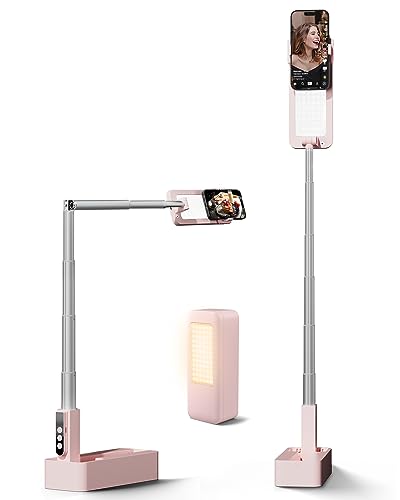 Viozon Extendable Selfie Phone Stand,Overhead Mount,Selfie Light,360° Rotation Rechargeable Wireless Foldable 5 Brightness&3 Color LED Light for Recording/Live Streaming/YouTube/Tiktok/Photography- P - Pink
