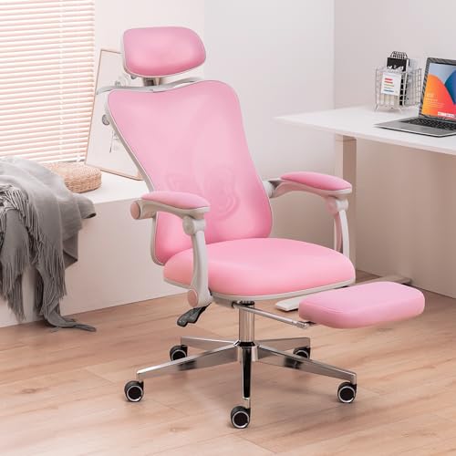 Hramk Ergonomic Office Chair with Footrest | Adjustable Lumbar Support, Reclining Desk Chair with Leg Rest, Comfortable Mesh Computer Chair for Home & Office (Pink) - Pink