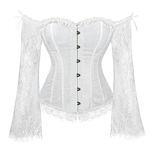 SZIVYSHI Corset Tops for Women with Sleeves, Bustier Overbust Lace Up Bodice Lingerie - M - White