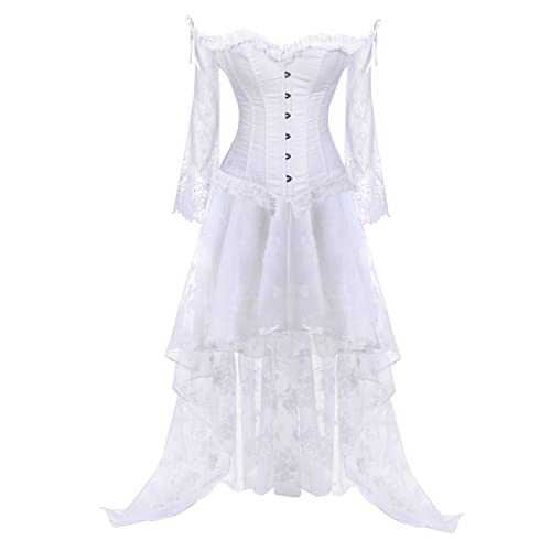 SZIVYSHI Corset Tops for Women with Sleeves, Bustier Overbust Lace Up Bodice Lingerie - M - White Corset With Skirt