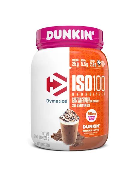 Dymatize ISO100 Hydrolyzed Protein Powder in Dunkin' Mocha Latte Flavor, 100% Whey Isolate Protein, 25g Protein, 95mg Caffeine, 5.5g BCAAs, Gluten Free, Fast Absorbing, Easy Digesting, 20 Servings