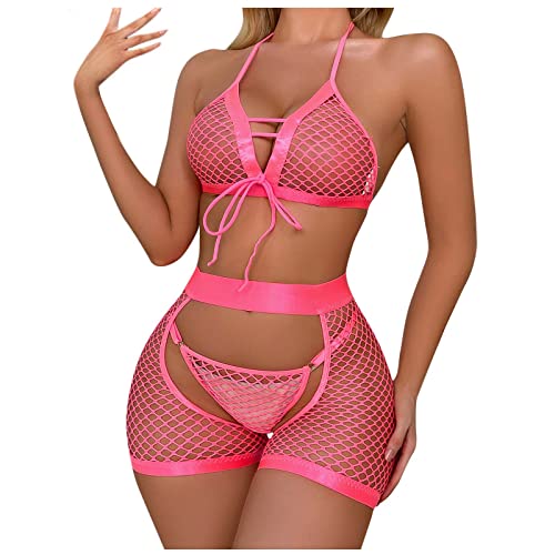 MELDVDIB Women Sexy Fishnet Lingerie Set with Skirt Mesh Halter Bra and Panty Sets 3 Piece Sheer Underwear for Sex Naughty - Hot Pink - Small