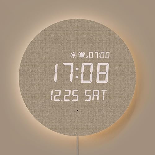 mooas Full Moon LED Silent Wooden Digital Wall Clock with Remote Control, Backlight Nightlight Digital Wood Wall Clock, Sunrise Alarm Melody, 5 Level Brightness Modern Decorative Office Livingroom - Full Moon