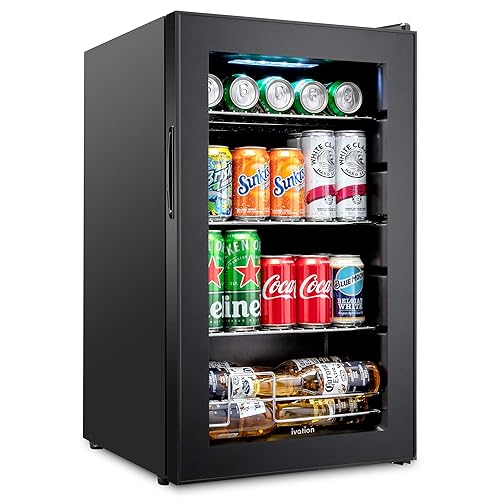 Ivation 101 Can Beverage Refrigerator | Freestanding Ultra Cool Mini Drink Fridge | Beer, Cocktails, Soda, Juice Cooler for Home & Office | Reversible Glass Door & Adjustable Shelving - Black - 101 Can - Black