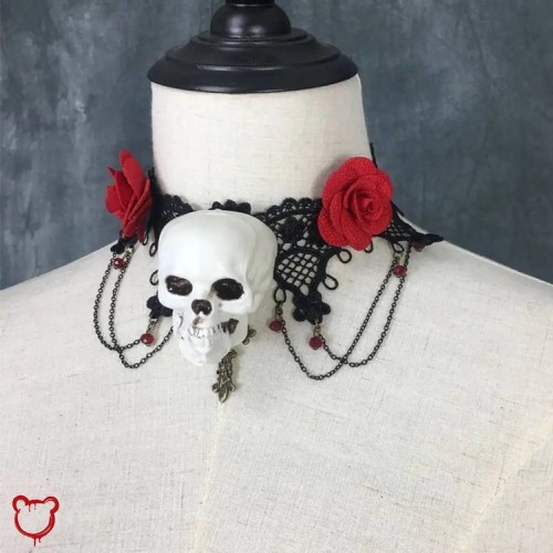 Lace Choker with Skull Rose - Black / One-size-fits-all (adjustable)