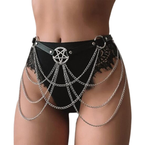 Asooll Punk Leather Waist Chain Belt Black Waist Body Chain Fashion Leather Waist Jewelry Bikini Beach Club Party Fashion Body Accessories Jewelry for Women and Girls