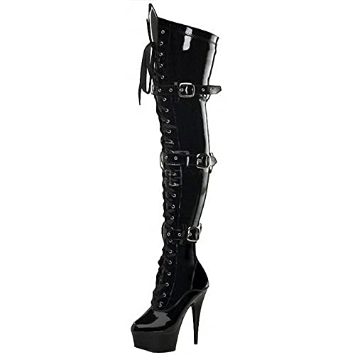 BeAUZQ Women's Patent Leather PU Thigh High Boots Side Zip 15CM Stiletto High Heel Over The Knee Boots Sexy Stripper Club party Shoes - 42 EU - Black