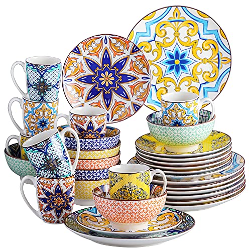 vancasso Jasmin Patterned Dinner Set - 32 Pieces Porcelain Dinnerware Set Moroccan Crockery with 10.6 inch Dinner Plate 8.3 inch Dessert Plate 6 inch Bowl and 10.6 oz Mug, Service for 8 - 32 Piece - Jasmin