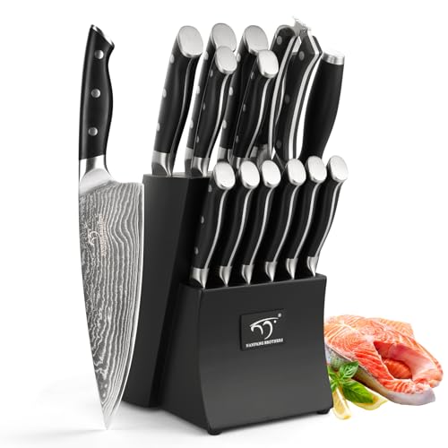 Damascus Knife Set with Block 15pcs,Damascus Knives Set Damascus Steel, Japanese Professional Kitchen Knife Set with Wood Knife Block Black - 15 Pieces Set - Black