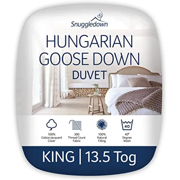 Snuggledown Hungarian Goose Down King Size Duvet - 13.5 Tog Warm Winter Premium Quilt Ideal for Cold & Chilly Nights - Jacquard Cotton Cover, Hypoallergenic, Machine Washable, Size (225cm x 220cm)