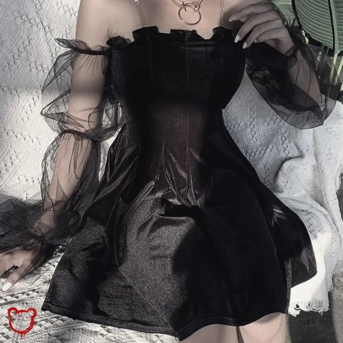 Black Grunge Mesh Bell Dress - black / M