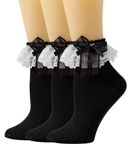 SEMOHOLLI Women Ankle Socks,Lace Ruffle Frilly Comfortable Princess Socks Lace Socks - 5-8 - 3 Pairs-black