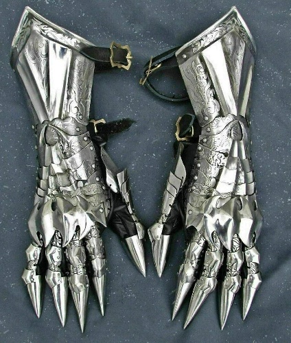 Medieval  Knight Gauntlet Gloves Pair Brass Accents Crusader Armor Steel Gloves