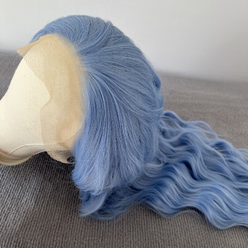 Heat Resistant Hair Long Wavy Light blue Glueless Lace Front Wigs