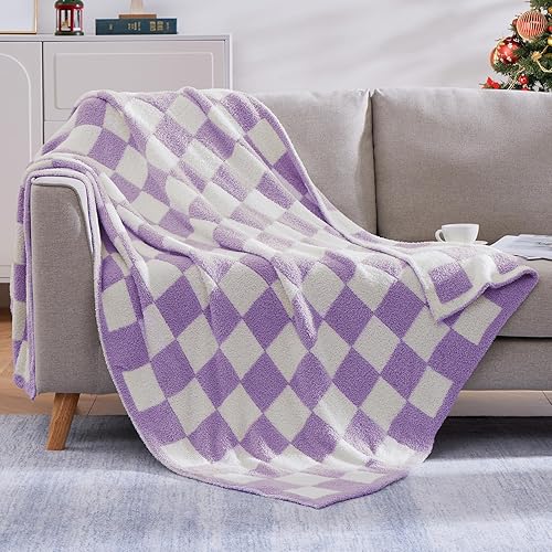 WRENSONGE Checkered Throw Blanket, Purple Microfiber Soft Cozy Fluffy Warm Hand Made Throw Blankets for Couch, Sofa, Chair, Bed, Camping, Picnic, Travel Lightweight Bed Blanket - 50"*70" - Purple - 50*70 Inch