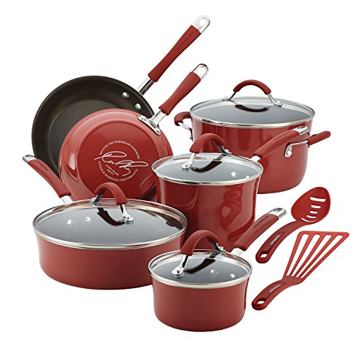 Rachael Ray Cucina Nonstick Cookware Pots and Pans Set, 12 Piece, Cranberry Red - Cookware Set - Cranberry Red