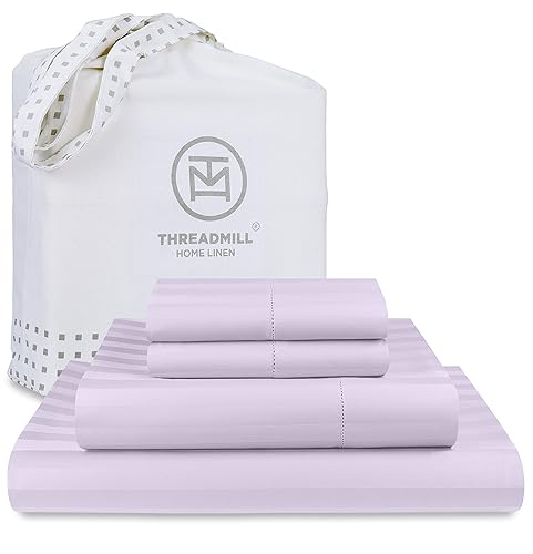 Threadmill 500 Thread Count Queen Size Damask Stripe, 4 Pc Luxury Cotton Bedding Set, Silky Smooth & Breathable Lilac Sheets with 16" Elasticized Deep Pocket, 2 Pillowcases & Free Tote Bag - Lilac Stripe - Queen