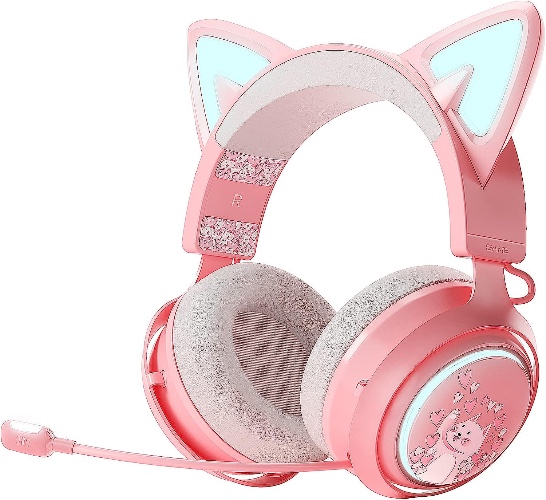 SOMIC GS510Pro Cat Ear Headset, Bluetooth/2.4GHz Wireless Gaming Headset with RGB Lights, Pink Headphones with Retractable Mic, 10Hrs Playtime, 7.1 Surround Sound for PS5, PS4, Laptop, PC, Smartphone - Wireless Pink