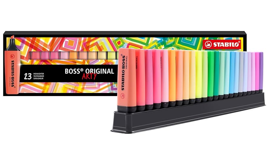 STABILO Highlighter BOSS ORIGINAL - ARTY - Deskset of 23 - Assorted Colors, Chisel Tip, Anti-Dry Out Technology, Office + School Supplies, Note Taking