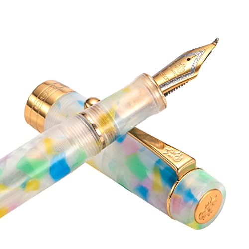Jinhao 100 Fountain Pen Celluloid Classic Style, #6 Nib Smooth Writing Instrument with Refillable Converter and Pen Case Set - Rainbow - Bent Point
