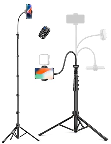 Phone Tripod, 86" Tall Tripod for iPhone with Flexible Gooseneck & Remote, Portable Cellphone Tripod Stand, Aluminum Travel Tripod for Selfies, Video Recording, Compatible with iPhone Android - 86 inch - Black