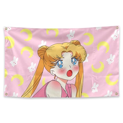 Girl Rabbit Moon Pink Background Tapestries 3×5FTCollege dormitory Wall Decorations Or Picnic Mat Party Decorations