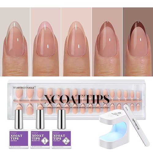 BTArtboxnails XCOATTIPS French Gel Nails - Skin Tones French Tip Press on Nails, Short Almond Nail Tips with Nail Gel, French Protecting Duo, Nail Lamp, All in One Fake Nail Valentines Day Gift - C187-S Almond