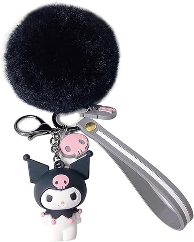PaPiJoJo Cute Keychains for Girls, Kawaii Pom Pom Fuzzy Key Chain Accessories Wristlet Cartoon Keychain - Kuromi