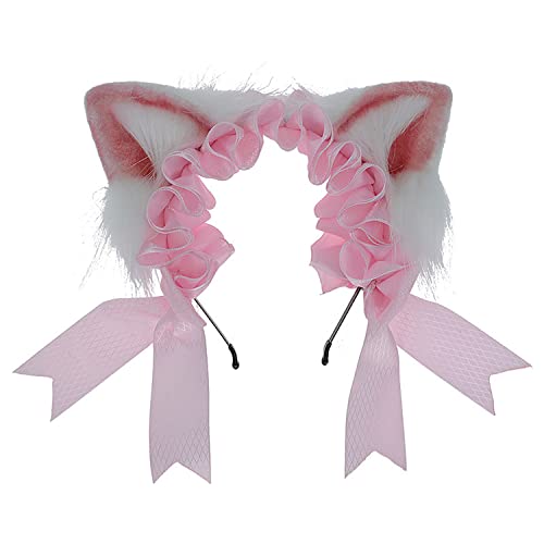 Faylay Women Furry Cat Ear Animal Ears Headband Ribbon Decor - Pink