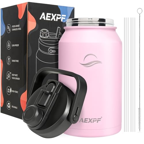 AEXPF 64 oz Insulated Water Bottle with Three-use Lid, Wide Mouth Stainless Steel Double Wall Vacuum Pink Water Bottle for Women, Half Gallon Water Flask with Straw, Thermo Mug Metal Canteen - 64oz-wide mouth - Pink