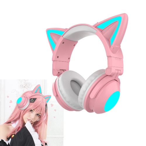 Kattöra-spelheadset, spelhörlurar, kattöron med LED-lampor, glödlampor, trådlöst Bluetooth 5.0, spelheadset, kattörat, hörlurar (rosa – 1 st.)
