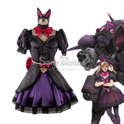 Game Overwatch D.Va Black CatCosplay Costume Dress with Cat Ears set - S